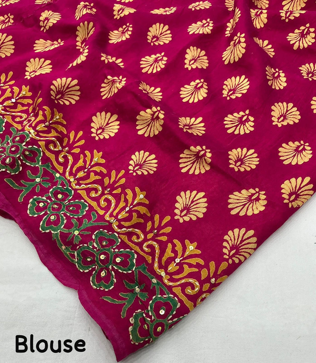 AK 390 Rani Ajrakh Kaatha Work Saree | Pure Chanderi Hand Block Print Saree with Kaatha Embroidery & Tassel Pallu | Handcrafted Premium Saree