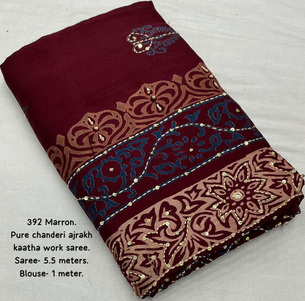 Maroon Ajrakh Kaatha Work Saree | Pure Chanderi Hand Block Print Saree with Kaatha Embroidery & Tassel Pallu | Handcrafted Traditional Saree