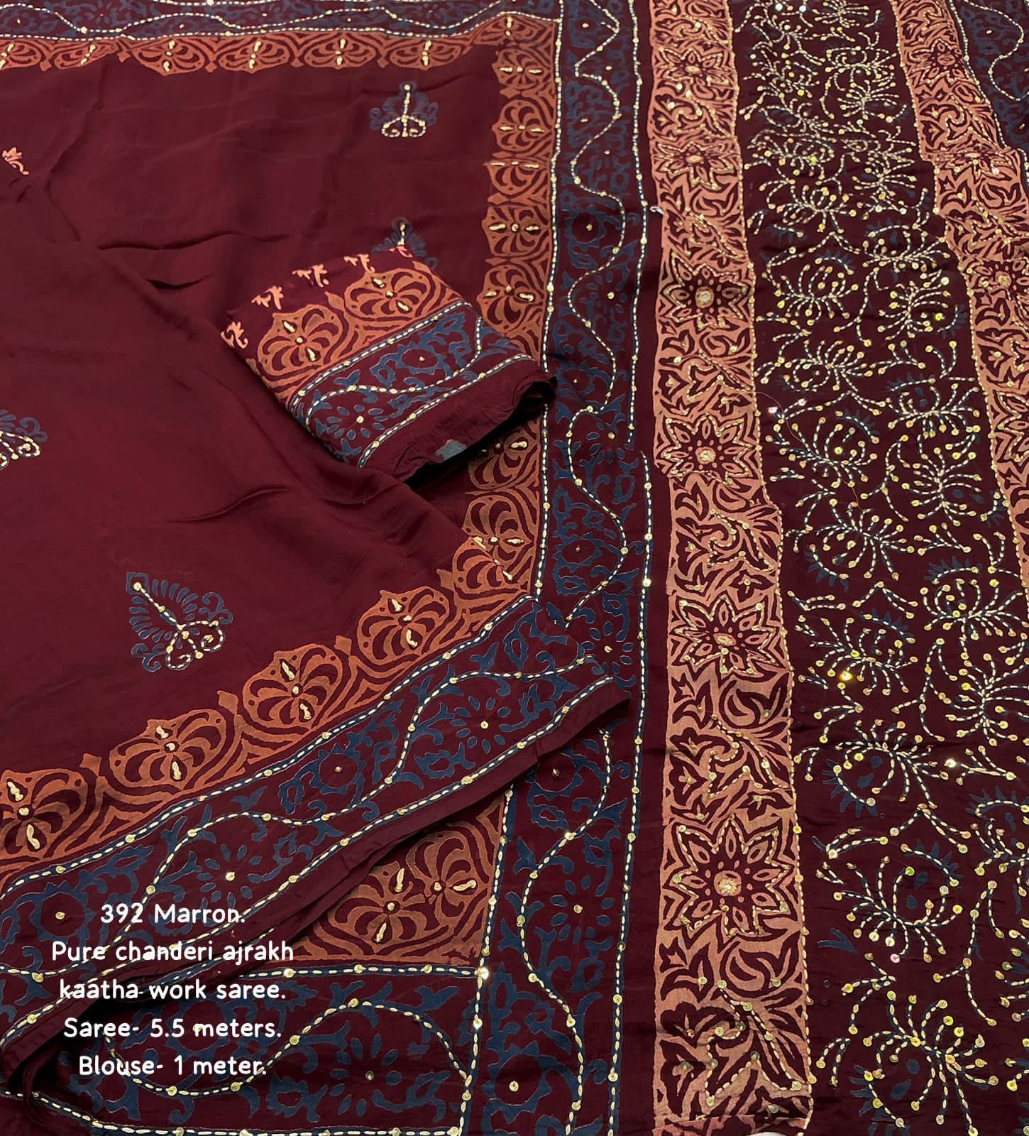 Maroon Ajrakh Kaatha Work Saree | Pure Chanderi Hand Block Print Saree with Kaatha Embroidery & Tassel Pallu | Handcrafted Traditional Saree