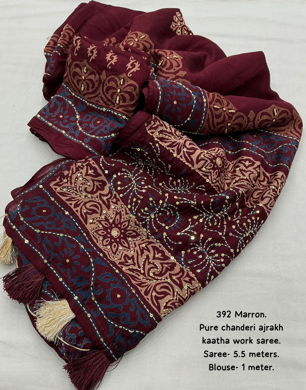 Maroon Ajrakh Kaatha Work Saree | Pure Chanderi Hand Block Print Saree with Kaatha Embroidery & Tassel Pallu | Handcrafted Traditional Saree