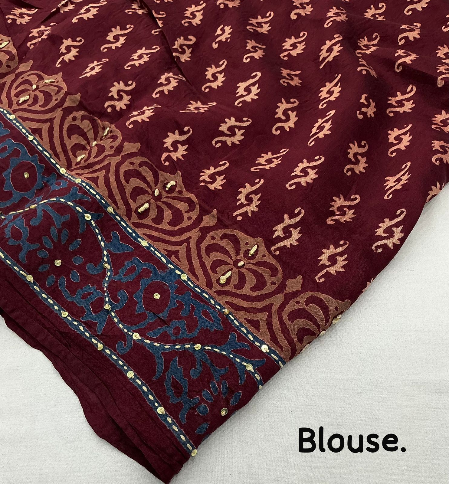 Maroon Ajrakh Kaatha Work Saree | Pure Chanderi Hand Block Print Saree with Kaatha Embroidery & Tassel Pallu | Handcrafted Traditional Saree