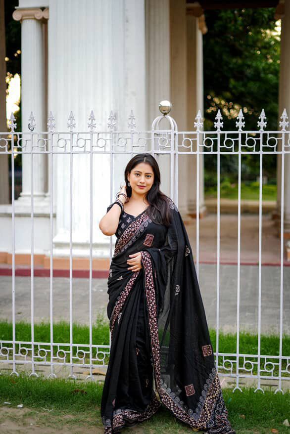 Black Ajrakh Kaatha Work Saree | Pure Chanderi Hand Block Print Saree with Kaatha Embroidery & Tassel Pallu | Premium Handcrafted Saree
