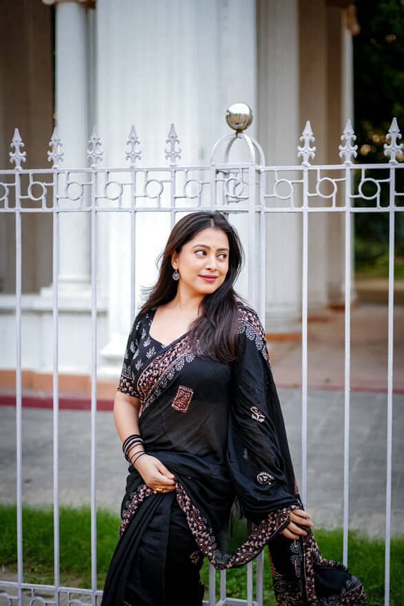 Black Ajrakh Kaatha Work Saree | Pure Chanderi Hand Block Print Saree with Kaatha Embroidery & Tassel Pallu | Premium Handcrafted Saree