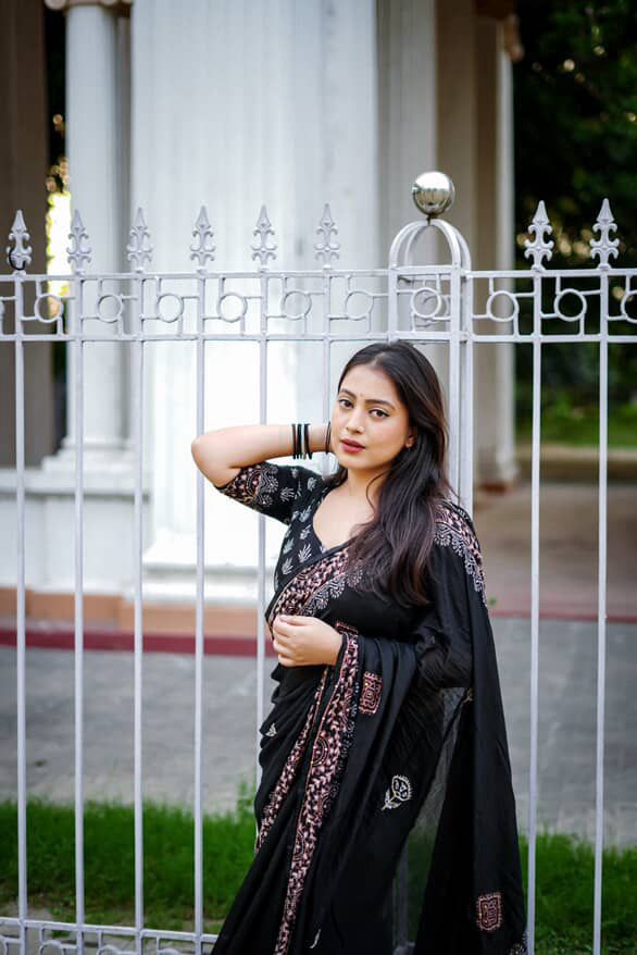 Black Ajrakh Kaatha Work Saree | Pure Chanderi Hand Block Print Saree with Kaatha Embroidery & Tassel Pallu | Premium Handcrafted Saree