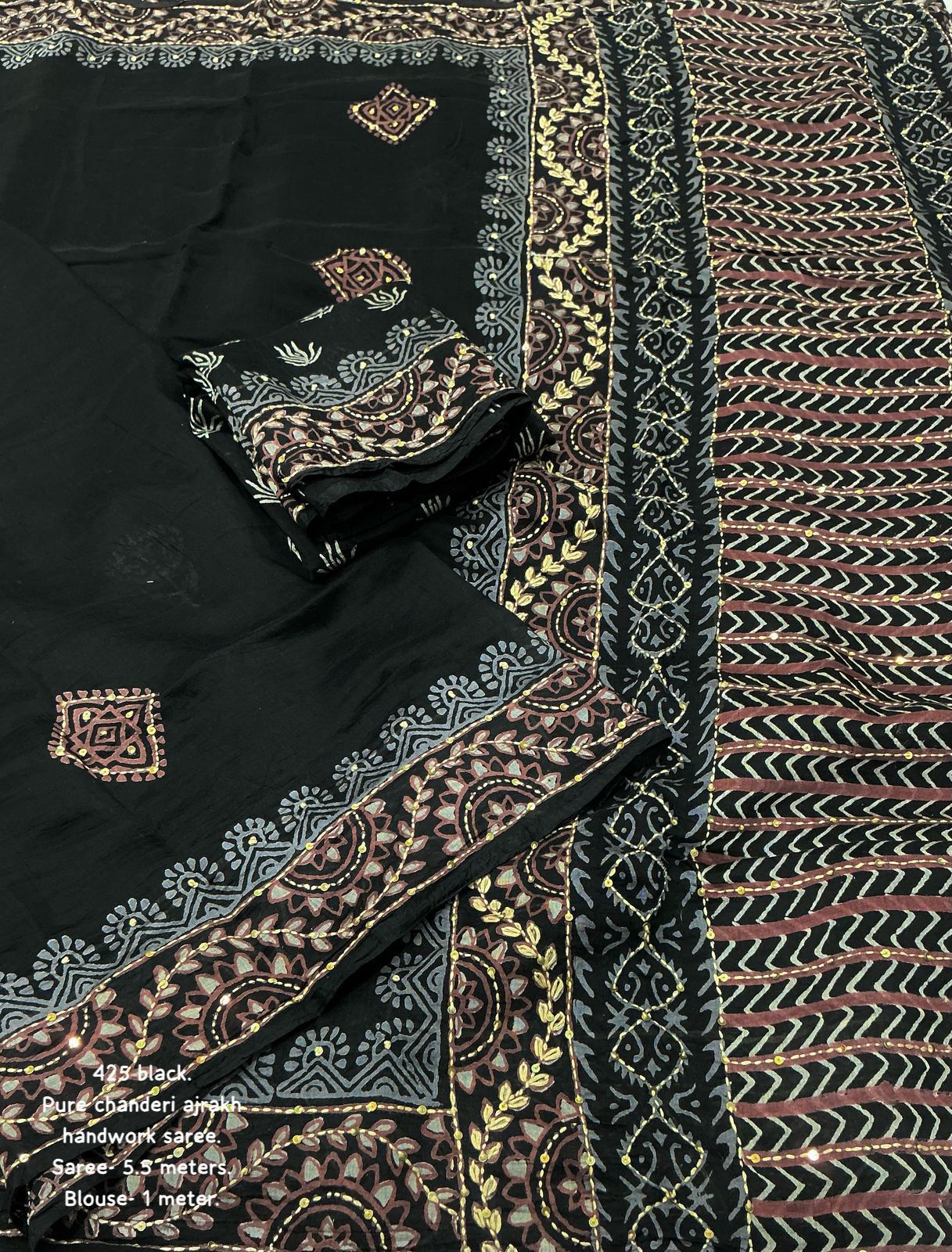 Black Ajrakh Kaatha Work Saree | Pure Chanderi Hand Block Print Saree with Kaatha Embroidery & Tassel Pallu | Premium Handcrafted Saree