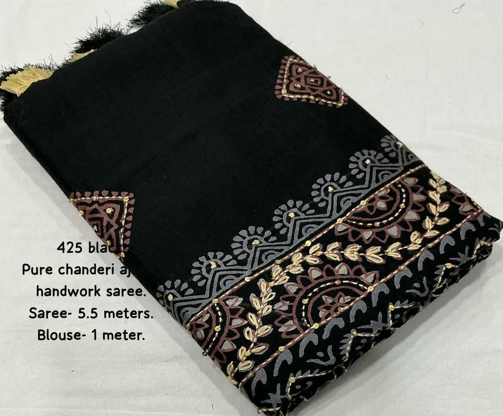 Black Ajrakh Kaatha Work Saree | Pure Chanderi Hand Block Print Saree with Kaatha Embroidery & Tassel Pallu | Premium Handcrafted Saree