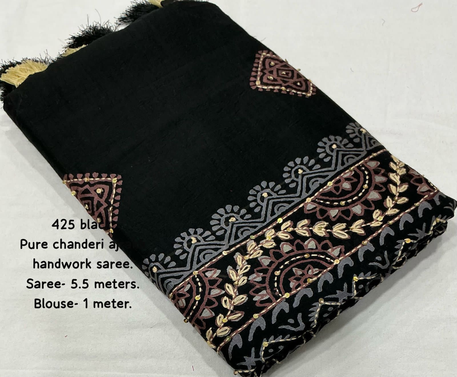 Black Ajrakh Kaatha Work Saree | Pure Chanderi Hand Block Print Saree with Kaatha Embroidery & Tassel Pallu | Premium Handcrafted Saree