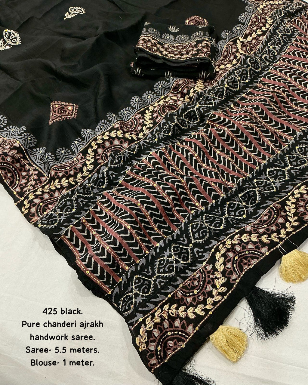 Black Ajrakh Kaatha Work Saree | Pure Chanderi Hand Block Print Saree with Kaatha Embroidery & Tassel Pallu | Premium Handcrafted Saree