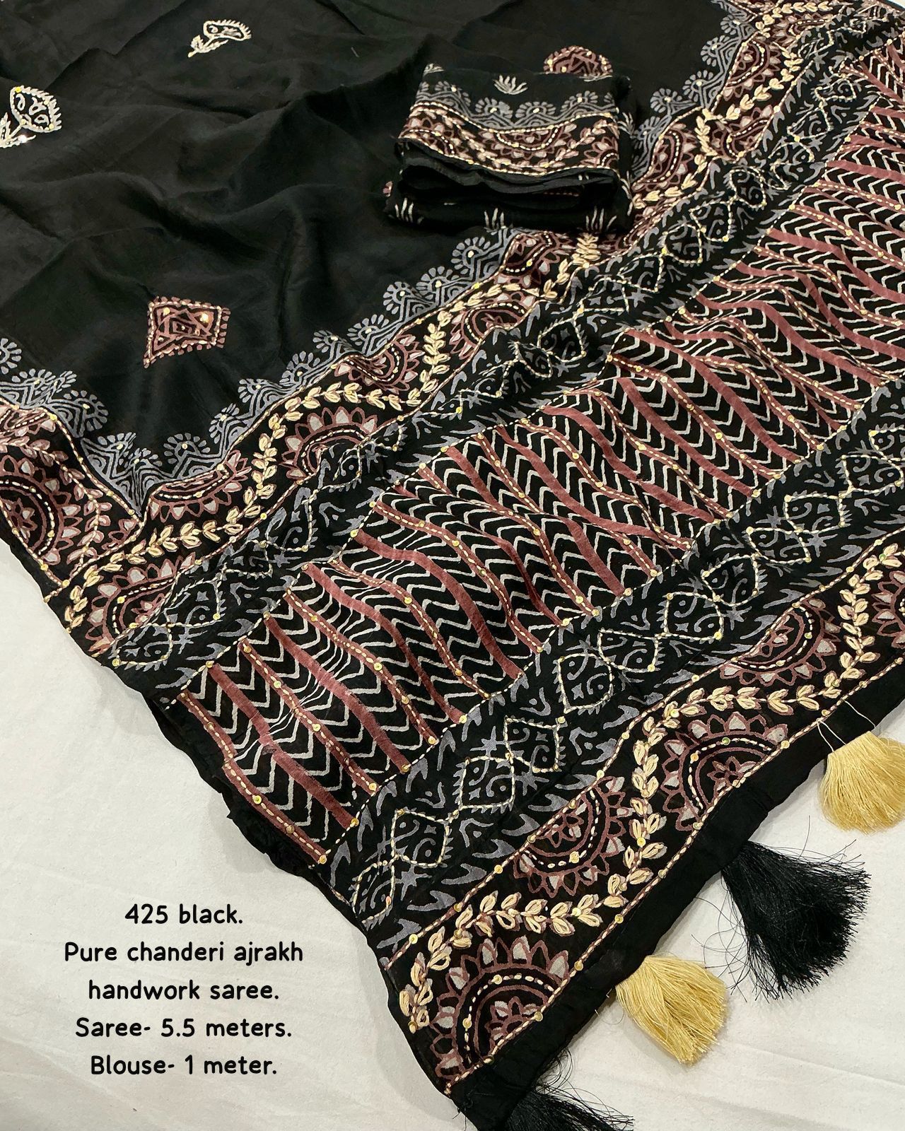 Black Ajrakh Kaatha Work Saree | Pure Chanderi Hand Block Print Saree with Kaatha Embroidery & Tassel Pallu | Premium Handcrafted Saree