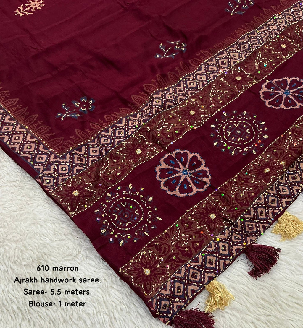 Maroon Ajrakh Kaatha Work Saree | Pure Chanderi Hand Block Print Saree with Hand Kaatha Embroidery & Tassel Pallu | Premium Handcrafted Saree