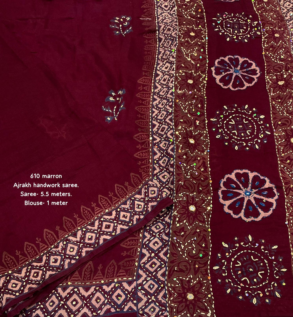 Maroon Ajrakh Kaatha Work Saree | Pure Chanderi Hand Block Print Saree with Hand Kaatha Embroidery & Tassel Pallu | Premium Handcrafted Saree