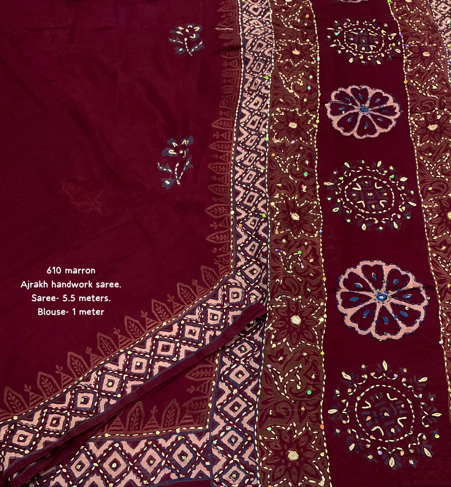 Maroon Ajrakh Kaatha Work Saree | Pure Chanderi Hand Block Print Saree with Hand Kaatha Embroidery & Tassel Pallu | Premium Handcrafted Saree