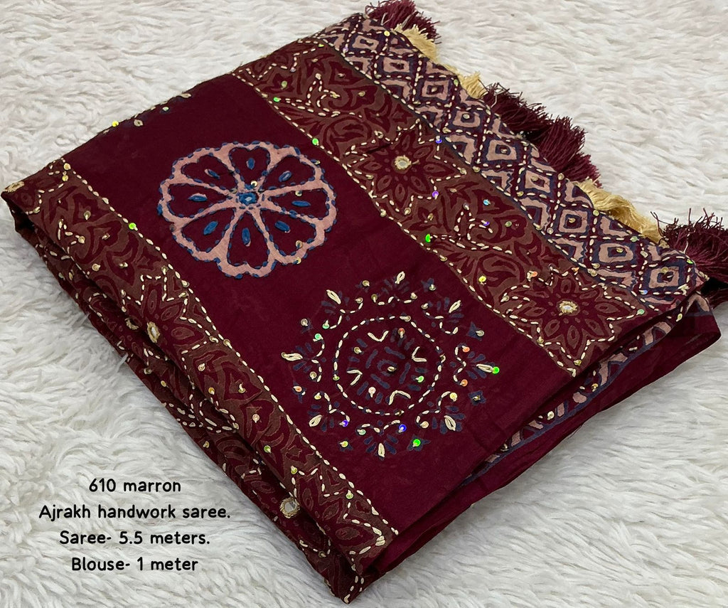 Maroon Ajrakh Kaatha Work Saree | Pure Chanderi Hand Block Print Saree with Hand Kaatha Embroidery & Tassel Pallu | Premium Handcrafted Saree