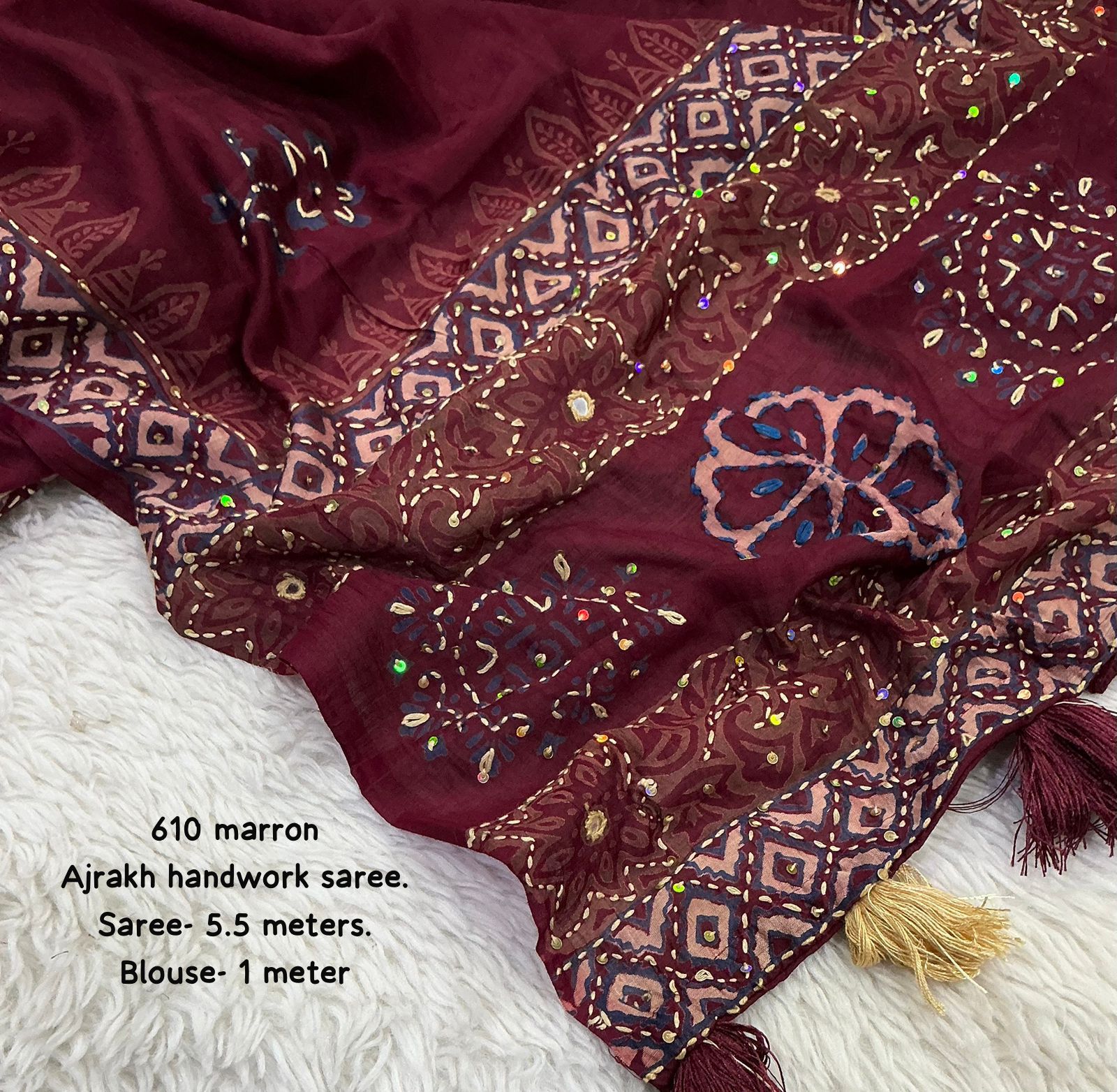 Maroon Ajrakh Kaatha Work Saree | Pure Chanderi Hand Block Print Saree with Hand Kaatha Embroidery & Tassel Pallu | Premium Handcrafted Saree