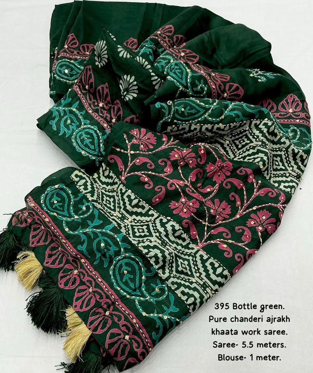 Bottle Green Ajrakh Kaatha Work Saree | Pure Chanderi Hand Block Print Saree with Hand Kaatha Embroidery & Tassel Pallu | Premium Handcrafted Saree