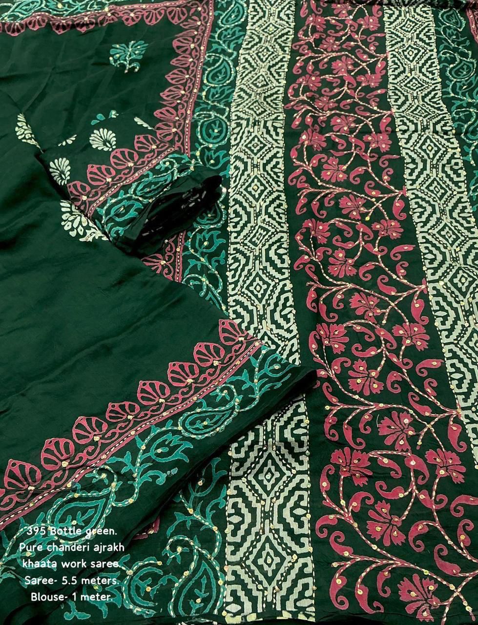 Bottle Green Ajrakh Kaatha Work Saree | Pure Chanderi Hand Block Print Saree with Hand Kaatha Embroidery & Tassel Pallu | Premium Handcrafted Saree