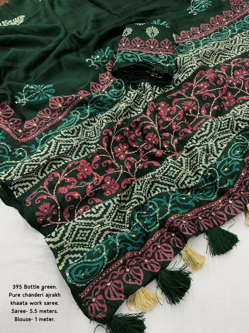 Bottle Green Ajrakh Kaatha Work Saree | Pure Chanderi Hand Block Print Saree with Hand Kaatha Embroidery & Tassel Pallu | Premium Handcrafted Saree