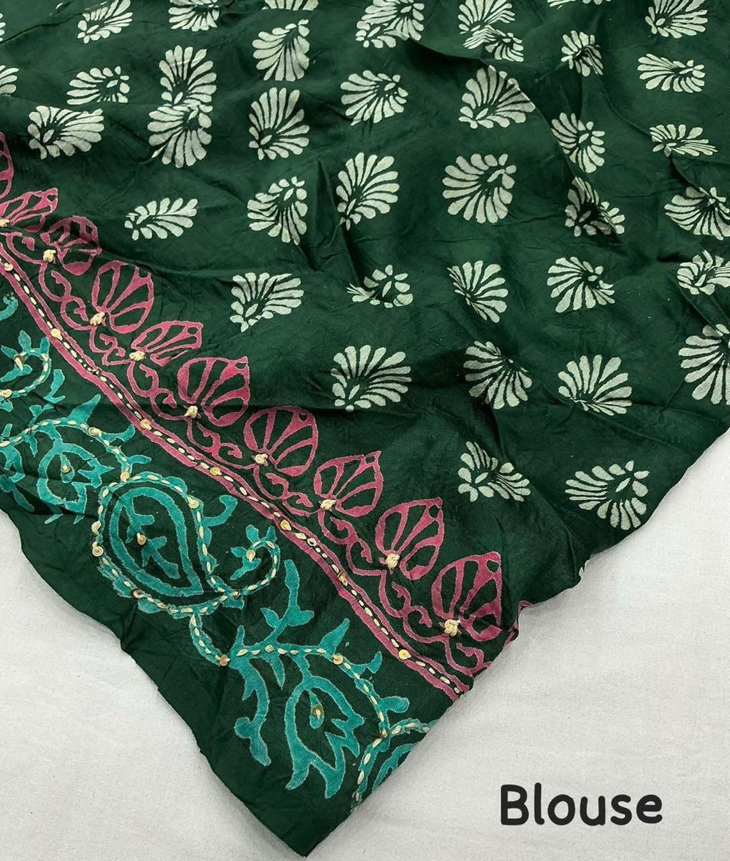 Bottle Green Ajrakh Kaatha Work Saree | Pure Chanderi Hand Block Print Saree with Hand Kaatha Embroidery & Tassel Pallu | Premium Handcrafted Saree