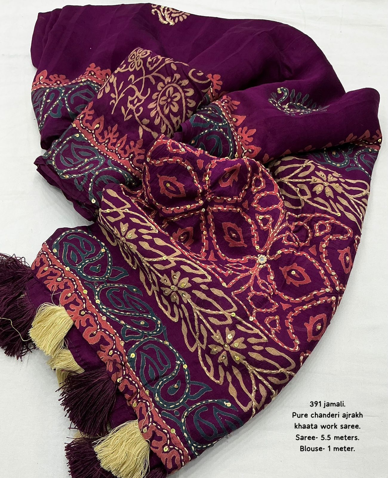 Jamali Ajrakh Kaatha Work Saree | Pure Chanderi Hand Block Print Saree with Kaatha Embroidery & Tassel Pallu | Premium Handcrafted Saree