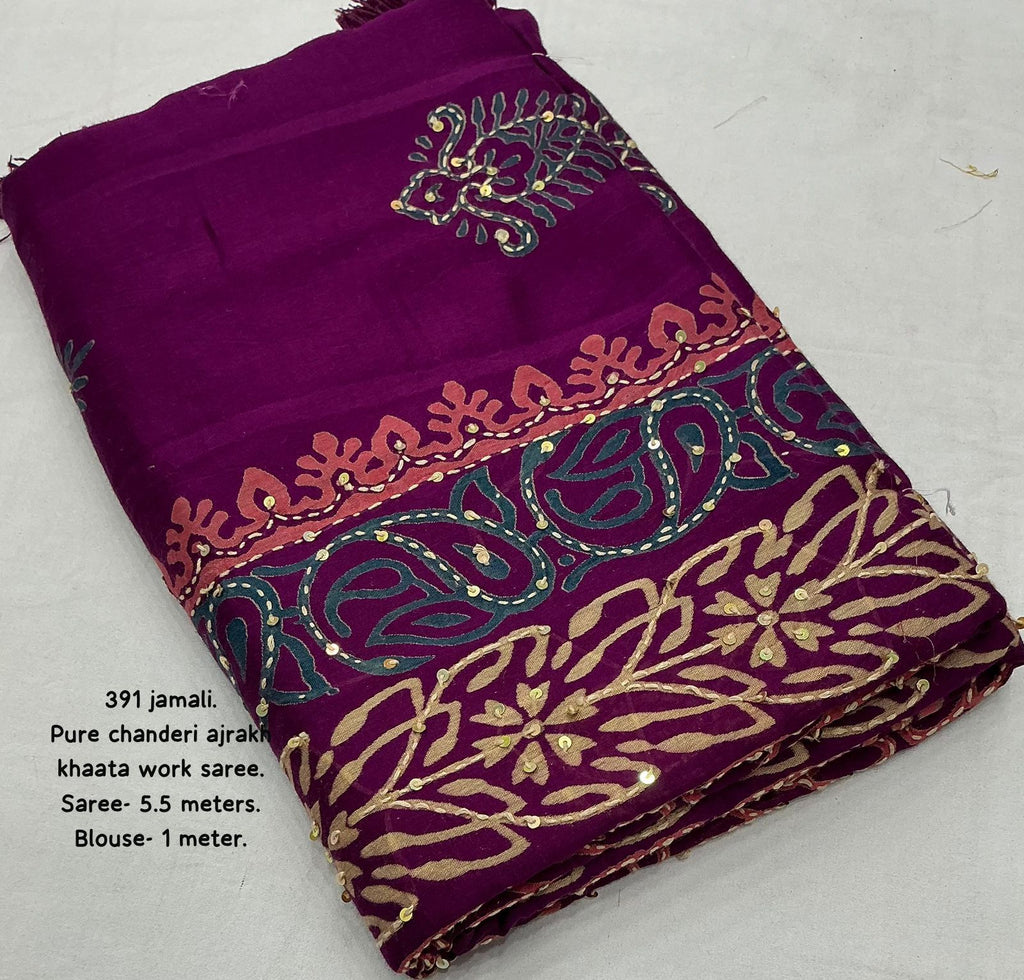 Jamali Ajrakh Kaatha Work Saree | Pure Chanderi Hand Block Print Saree with Kaatha Embroidery & Tassel Pallu | Premium Handcrafted Saree