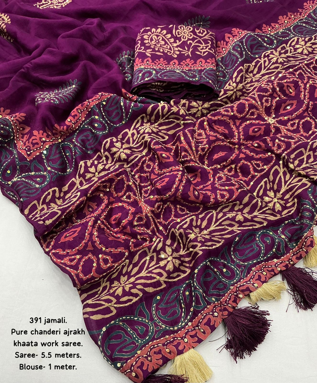 Jamali Ajrakh Kaatha Work Saree | Pure Chanderi Hand Block Print Saree with Kaatha Embroidery & Tassel Pallu | Premium Handcrafted Saree