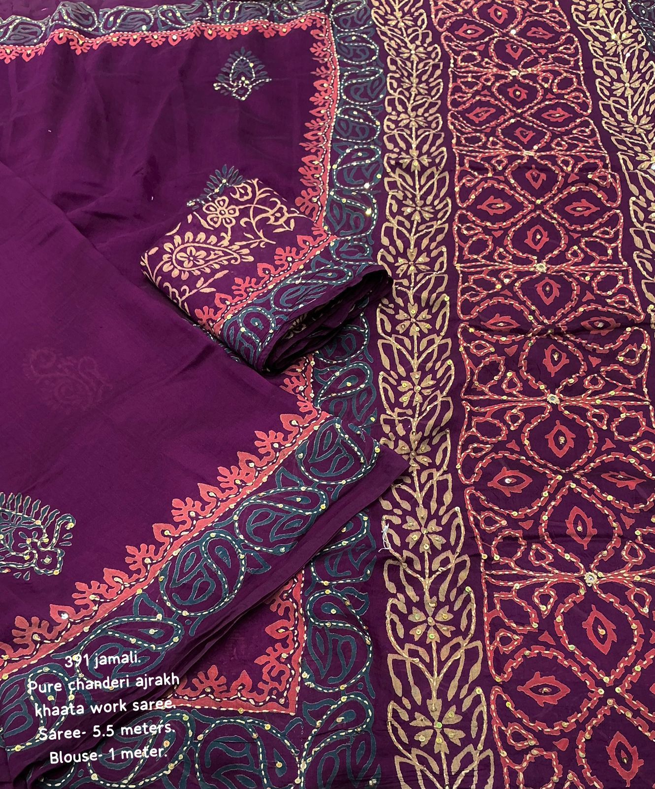 Jamali Ajrakh Kaatha Work Saree | Pure Chanderi Hand Block Print Saree with Kaatha Embroidery & Tassel Pallu | Premium Handcrafted Saree