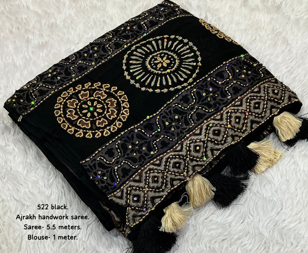Black Ajrakh Kaatha Work Saree | Pure Chanderi Hand Block Print Saree with Kaatha Embroidery & Tassel Pallu | Premium Handcrafted Saree (5.5m + 1m Blouse)