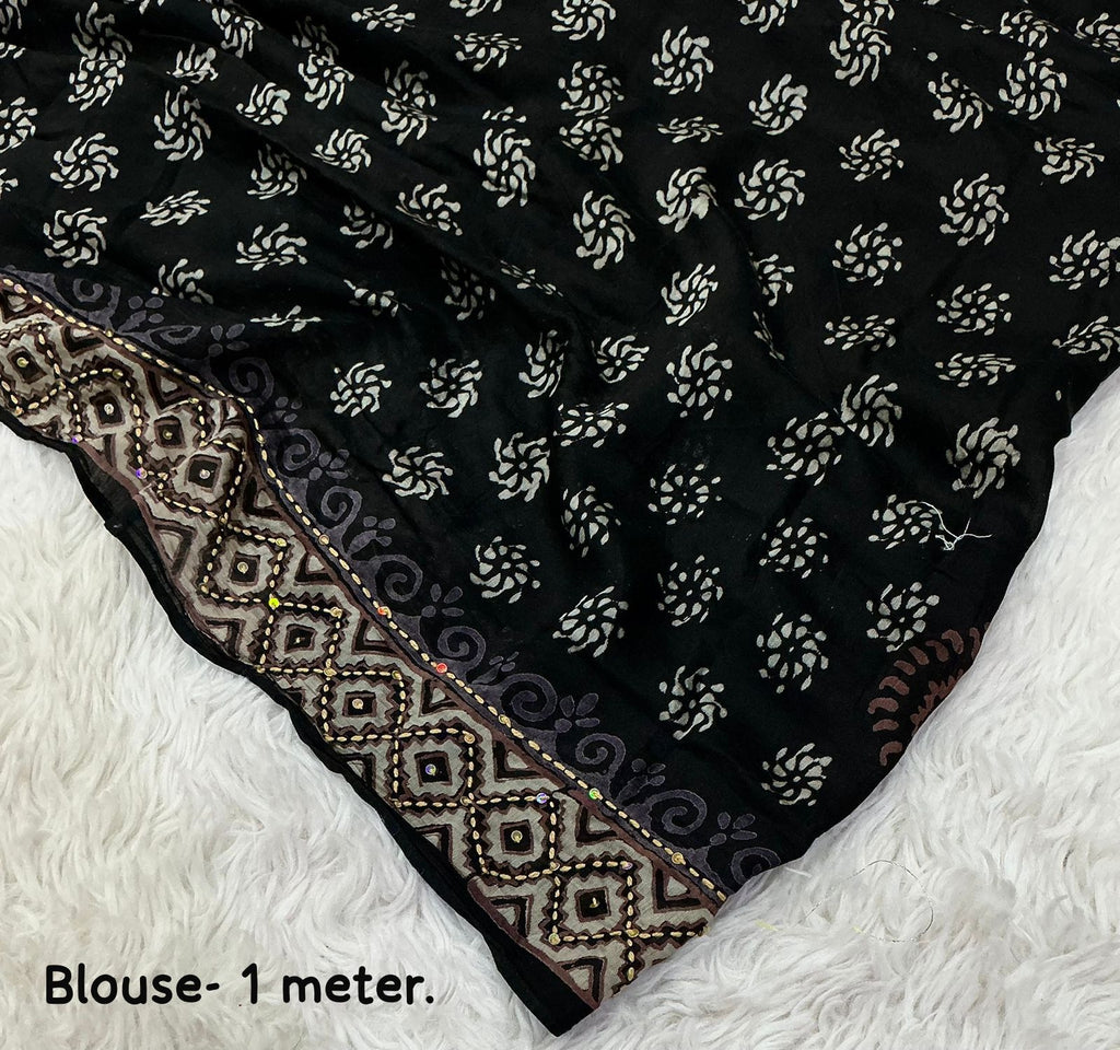 Black Ajrakh Kaatha Work Saree | Pure Chanderi Hand Block Print Saree with Kaatha Embroidery & Tassel Pallu | Premium Handcrafted Saree (5.5m + 1m Blouse)