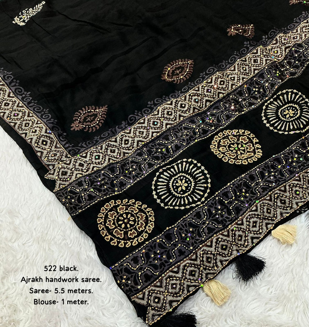 Black Ajrakh Kaatha Work Saree | Pure Chanderi Hand Block Print Saree with Kaatha Embroidery & Tassel Pallu | Premium Handcrafted Saree (5.5m + 1m Blouse)