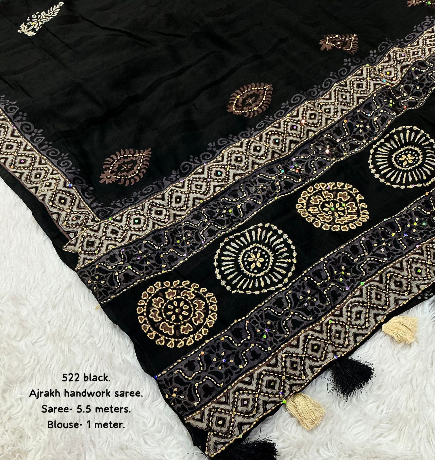 Black Ajrakh Kaatha Work Saree | Pure Chanderi Hand Block Print Saree with Kaatha Embroidery & Tassel Pallu | Premium Handcrafted Saree (5.5m + 1m Blouse)