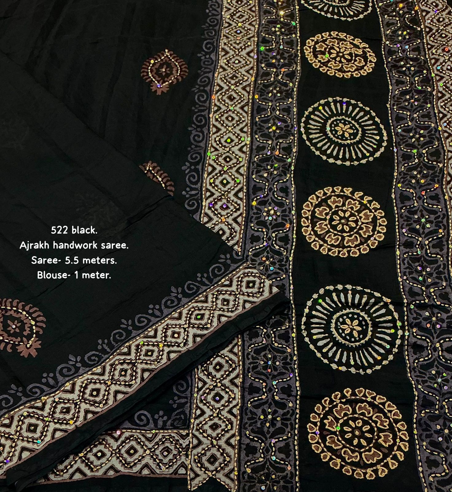 Black Ajrakh Kaatha Work Saree | Pure Chanderi Hand Block Print Saree with Kaatha Embroidery & Tassel Pallu | Premium Handcrafted Saree (5.5m + 1m Blouse)