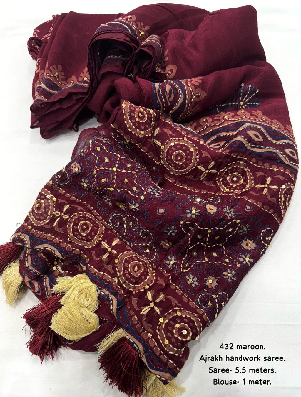 Maroon Ajrakh Handwork Saree | Pure Chanderi Hand Block Print Saree with Kaatha Embroidery & Tassel Pallu | Premium Handcrafted Saree (5.5m + 1m Blouse)