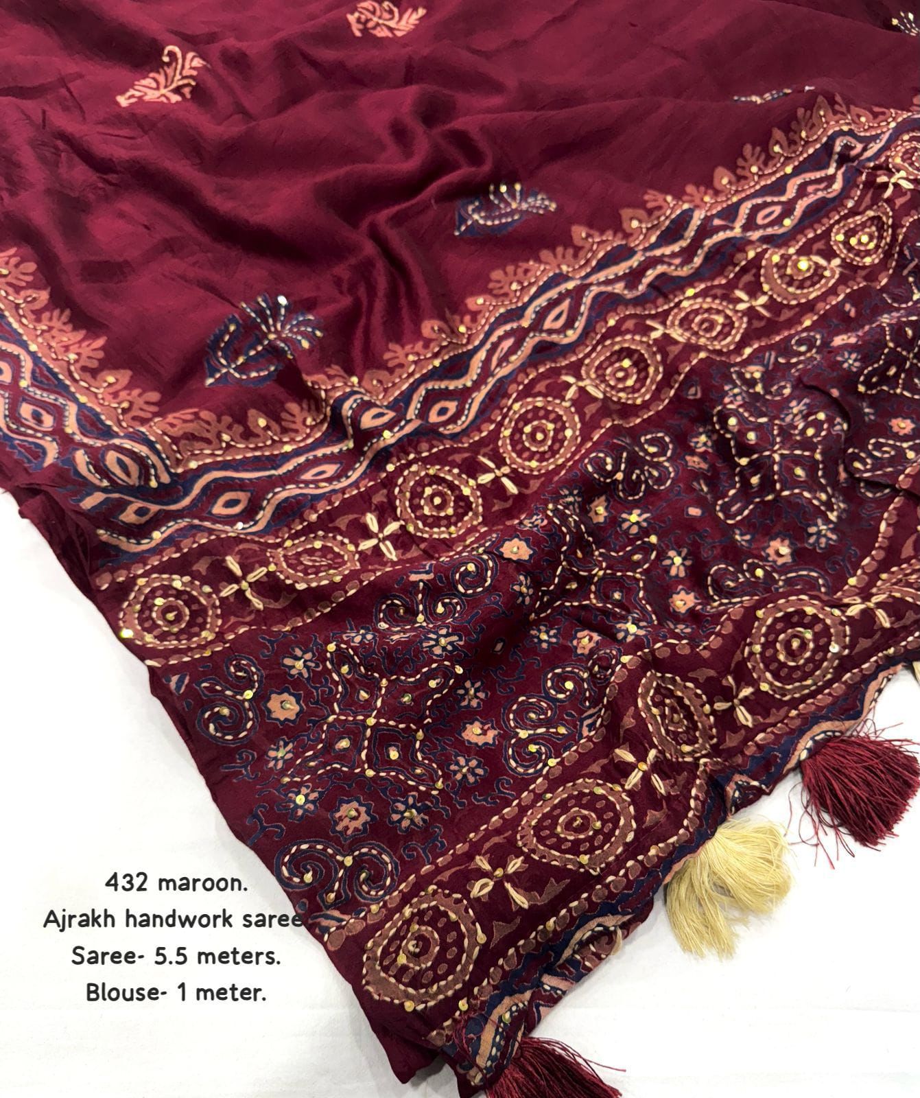 Maroon Ajrakh Handwork Saree | Pure Chanderi Hand Block Print Saree with Kaatha Embroidery & Tassel Pallu | Premium Handcrafted Saree (5.5m + 1m Blouse)