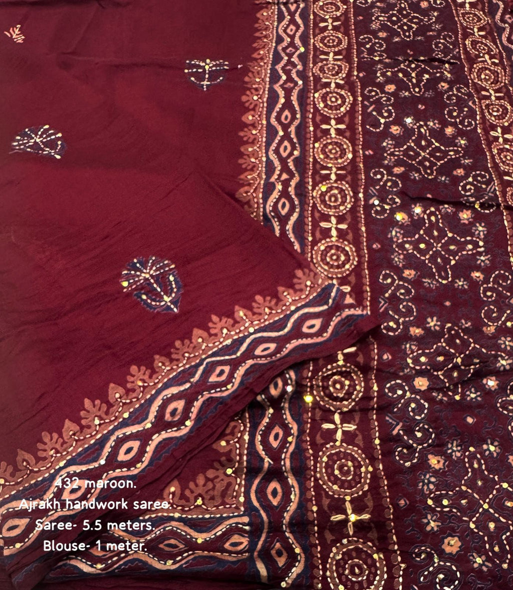 Maroon Ajrakh Handwork Saree | Pure Chanderi Hand Block Print Saree with Kaatha Embroidery & Tassel Pallu | Premium Handcrafted Saree (5.5m + 1m Blouse)