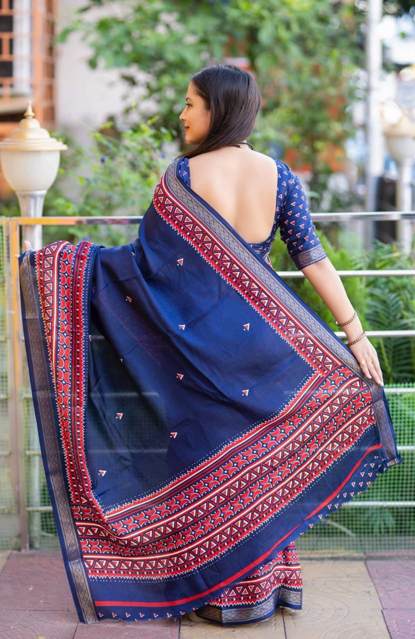 Cotton Crape Pashmina Printed Saree | Soft Cotton Crape with Zari Pattu Border & Running Printed Blouse | Best Seller Collection