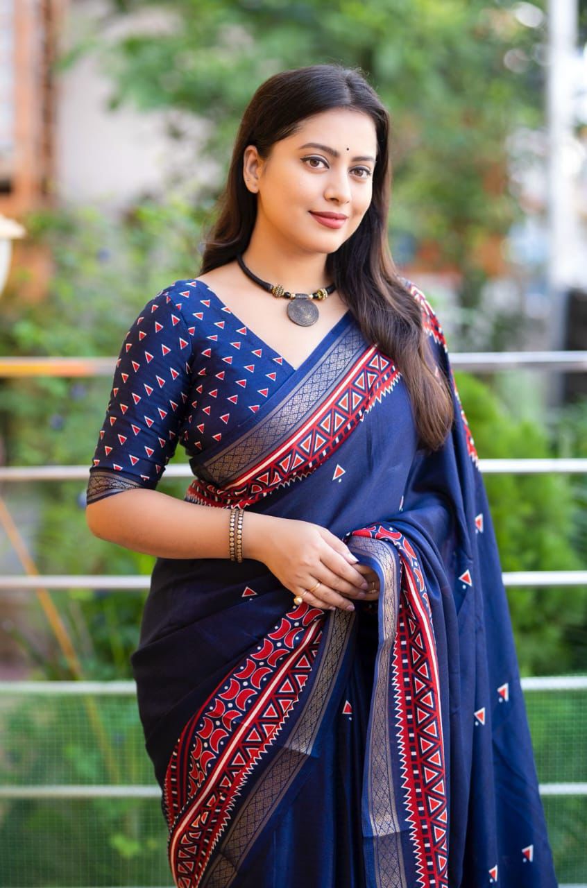 Cotton Crape Pashmina Printed Saree | Soft Cotton Crape with Zari Pattu Border & Running Printed Blouse | Best Seller Collection