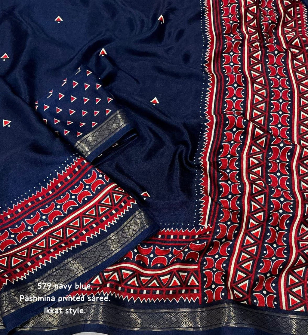 Cotton Crape Pashmina Printed Saree | Soft Cotton Crape with Zari Pattu Border & Running Printed Blouse | Best Seller Collection