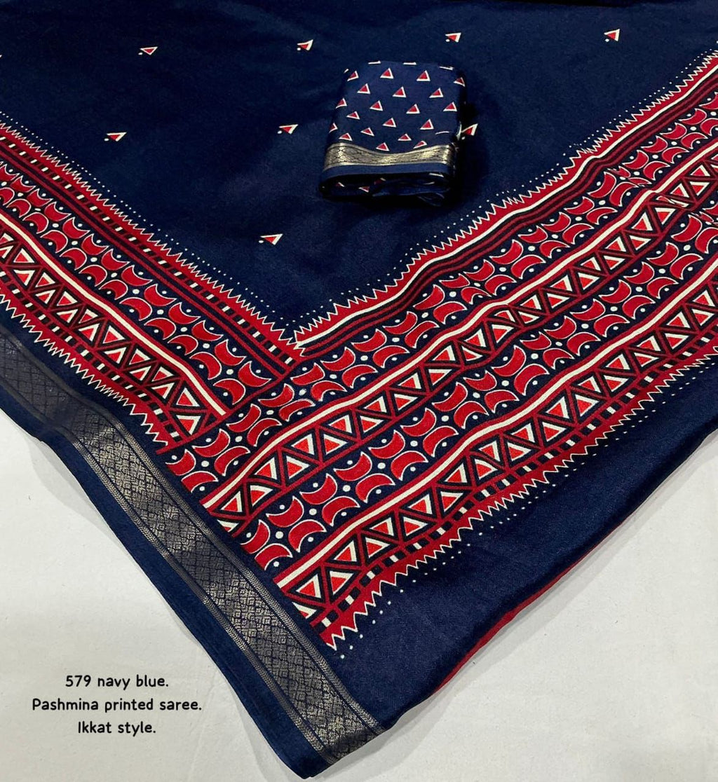 Cotton Crape Pashmina Printed Saree | Soft Cotton Crape with Zari Pattu Border & Running Printed Blouse | Best Seller Collection