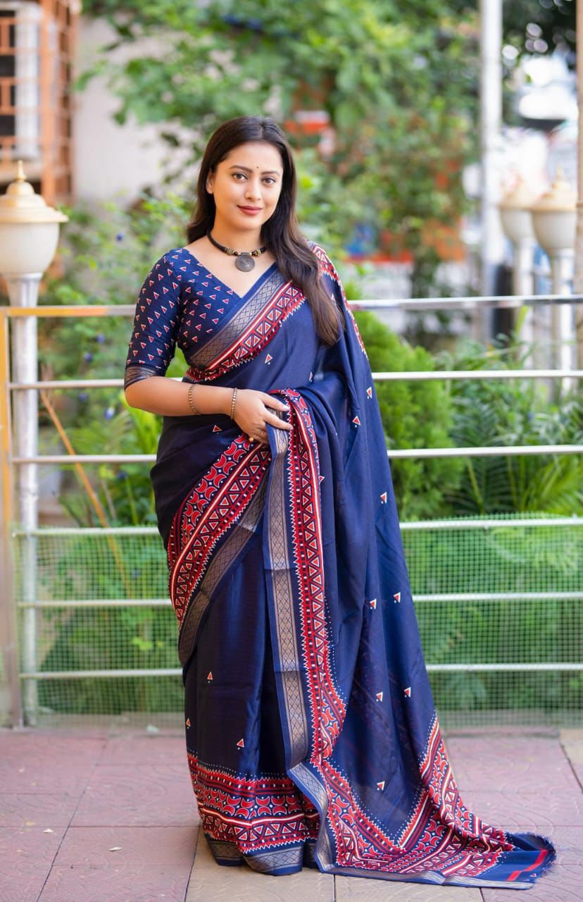 Cotton Crape Pashmina Printed Saree | Soft Cotton Crape with Zari Pattu Border & Running Printed Blouse | Best Seller Collection