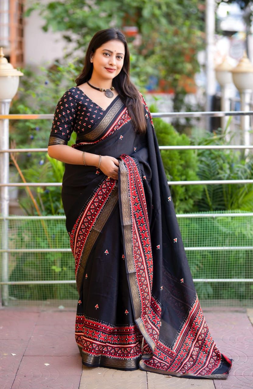 Cotton Crape Pashmina Printed Saree – Black | Soft Cotton Crape with Zari Pattu Border & Running Printed Blouse | Best Seller