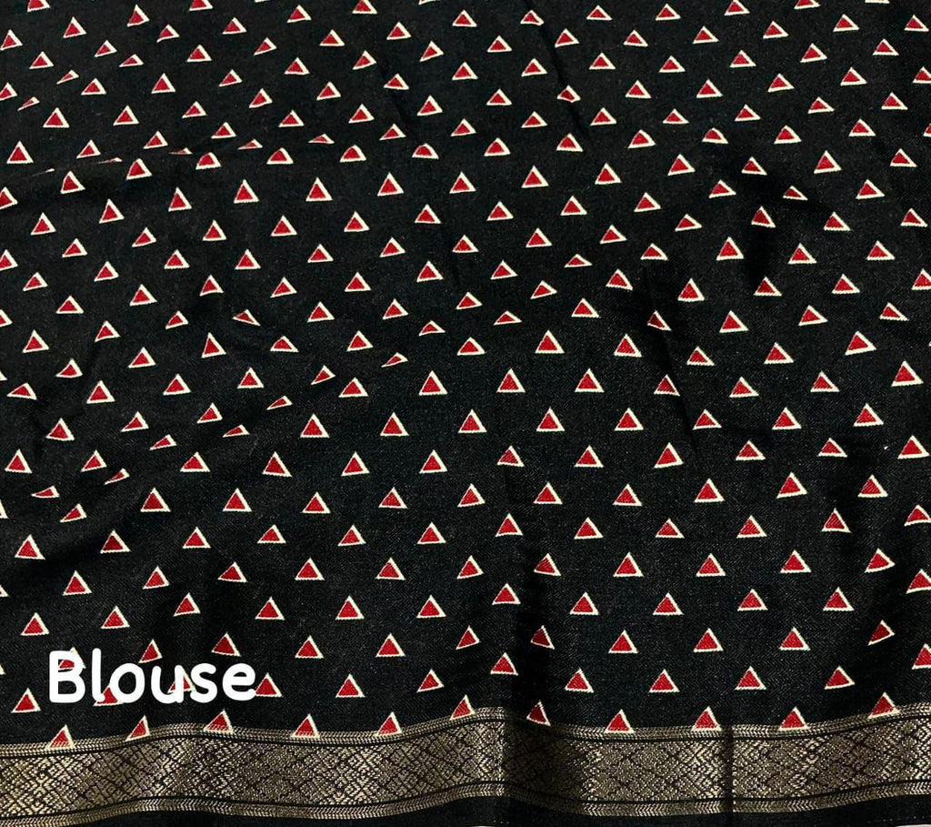 Cotton Crape Pashmina Printed Saree – Black | Soft Cotton Crape with Zari Pattu Border & Running Printed Blouse | Best Seller