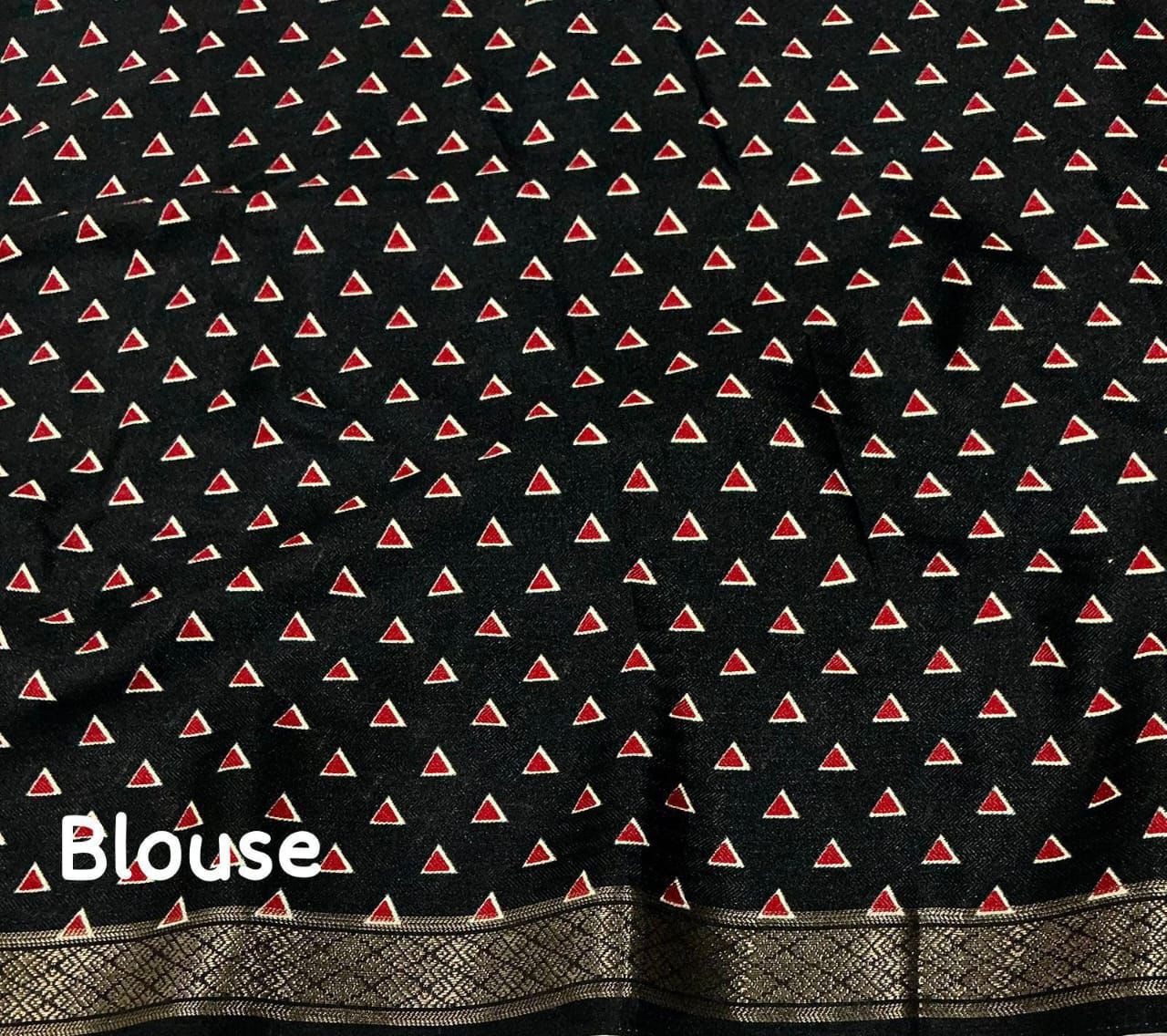 Cotton Crape Pashmina Printed Saree – Black | Soft Cotton Crape with Zari Pattu Border & Running Printed Blouse | Best Seller