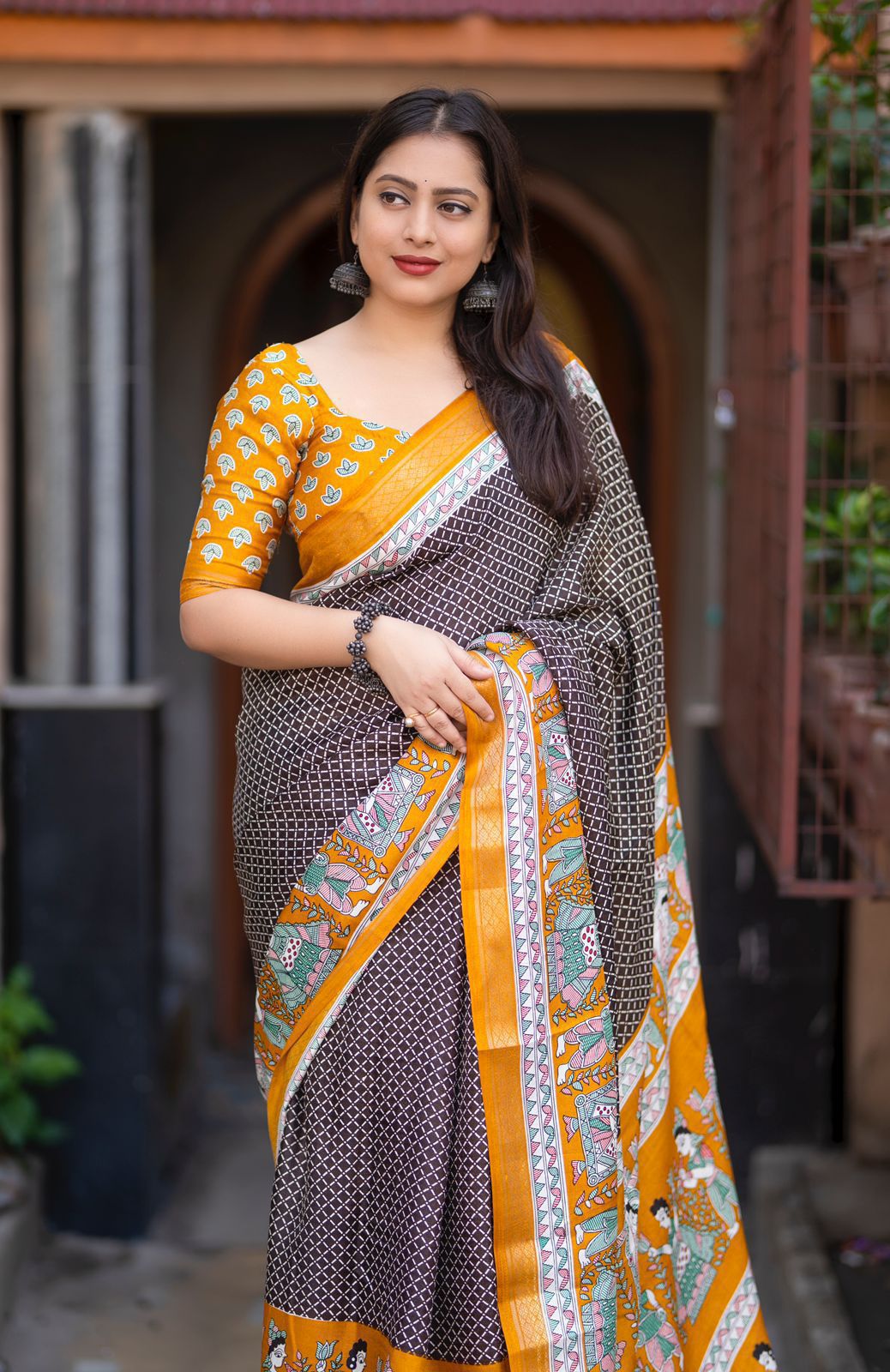 Cotton Crape Pashmina Printed Saree – Yellow & Brown | Soft Cotton Crape with Zari Pattu Border & Running Printed Blouse | Best Seller