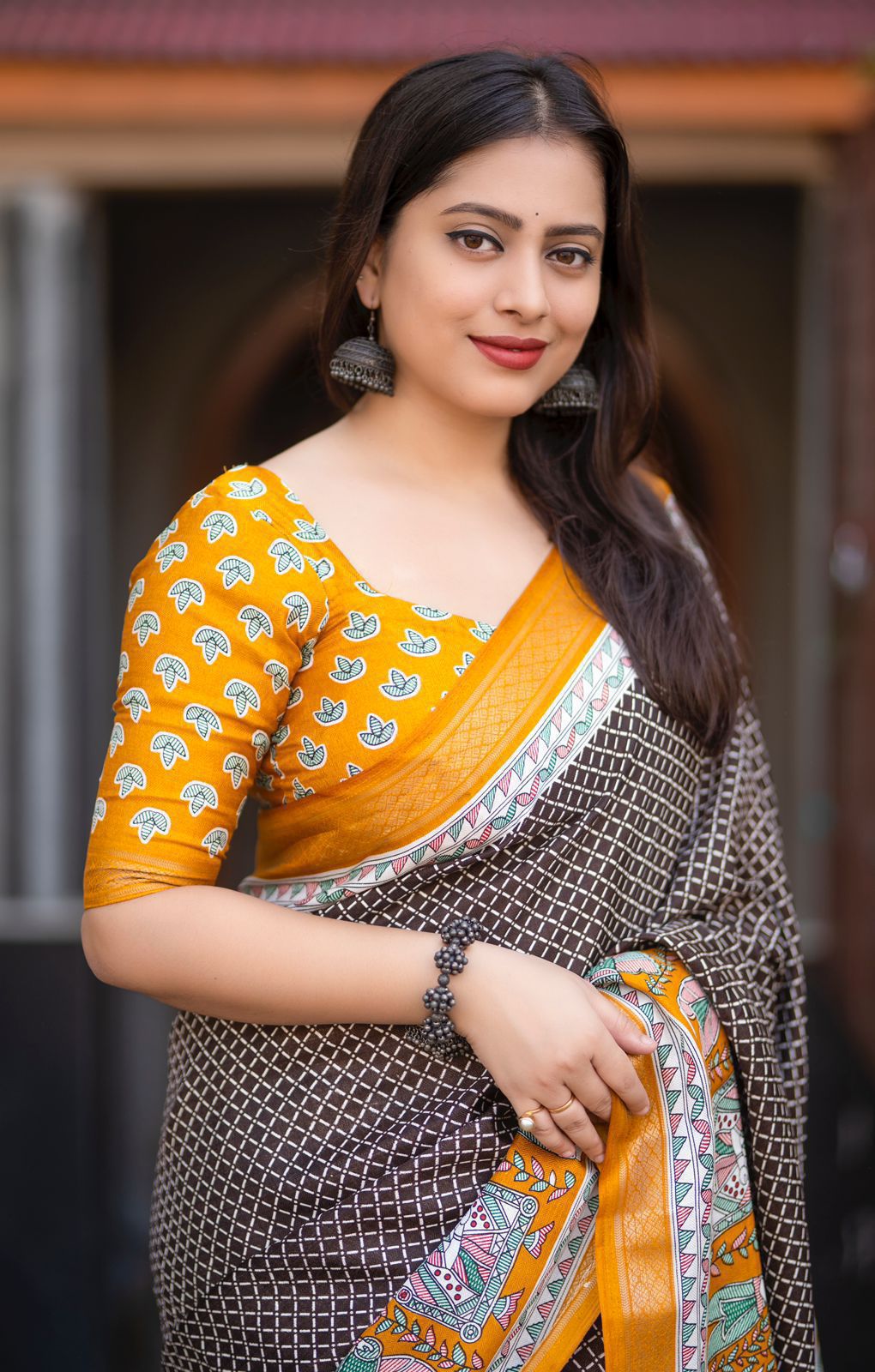 Cotton Crape Pashmina Printed Saree – Yellow & Brown | Soft Cotton Crape with Zari Pattu Border & Running Printed Blouse | Best Seller