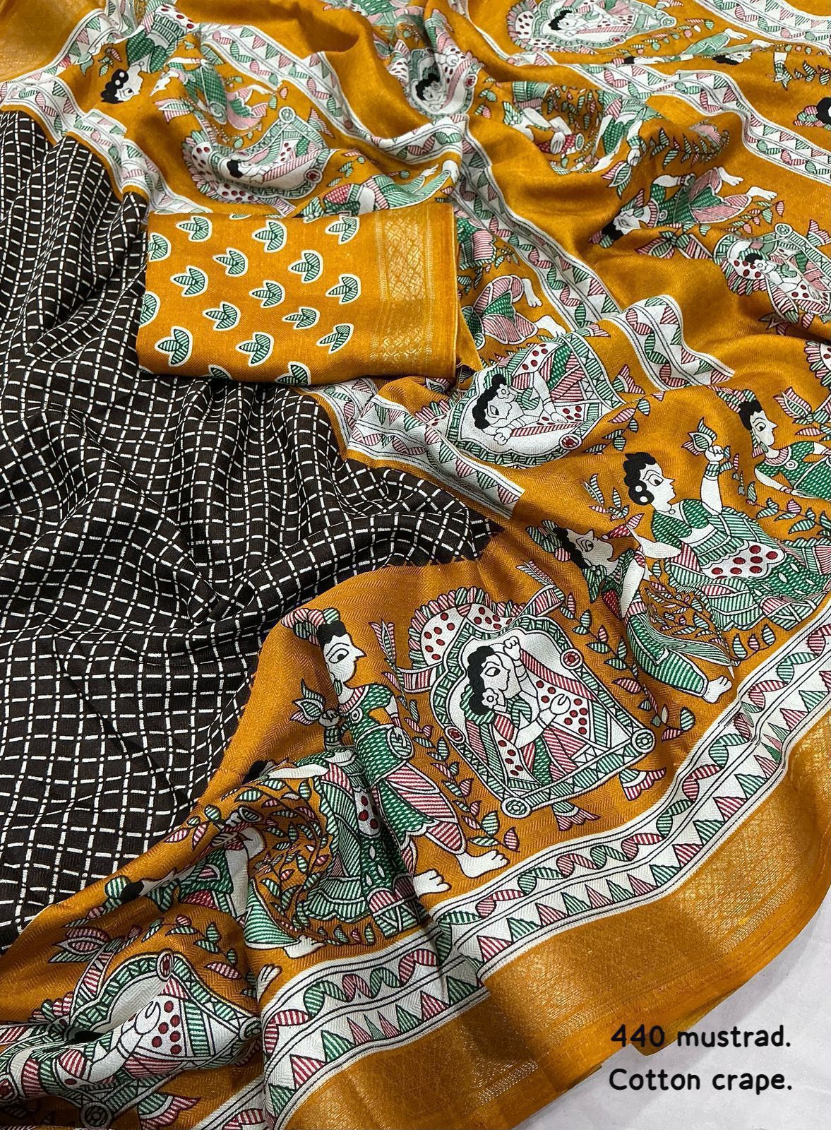 Cotton Crape Pashmina Printed Saree – Yellow & Brown | Soft Cotton Crape with Zari Pattu Border & Running Printed Blouse | Best Seller