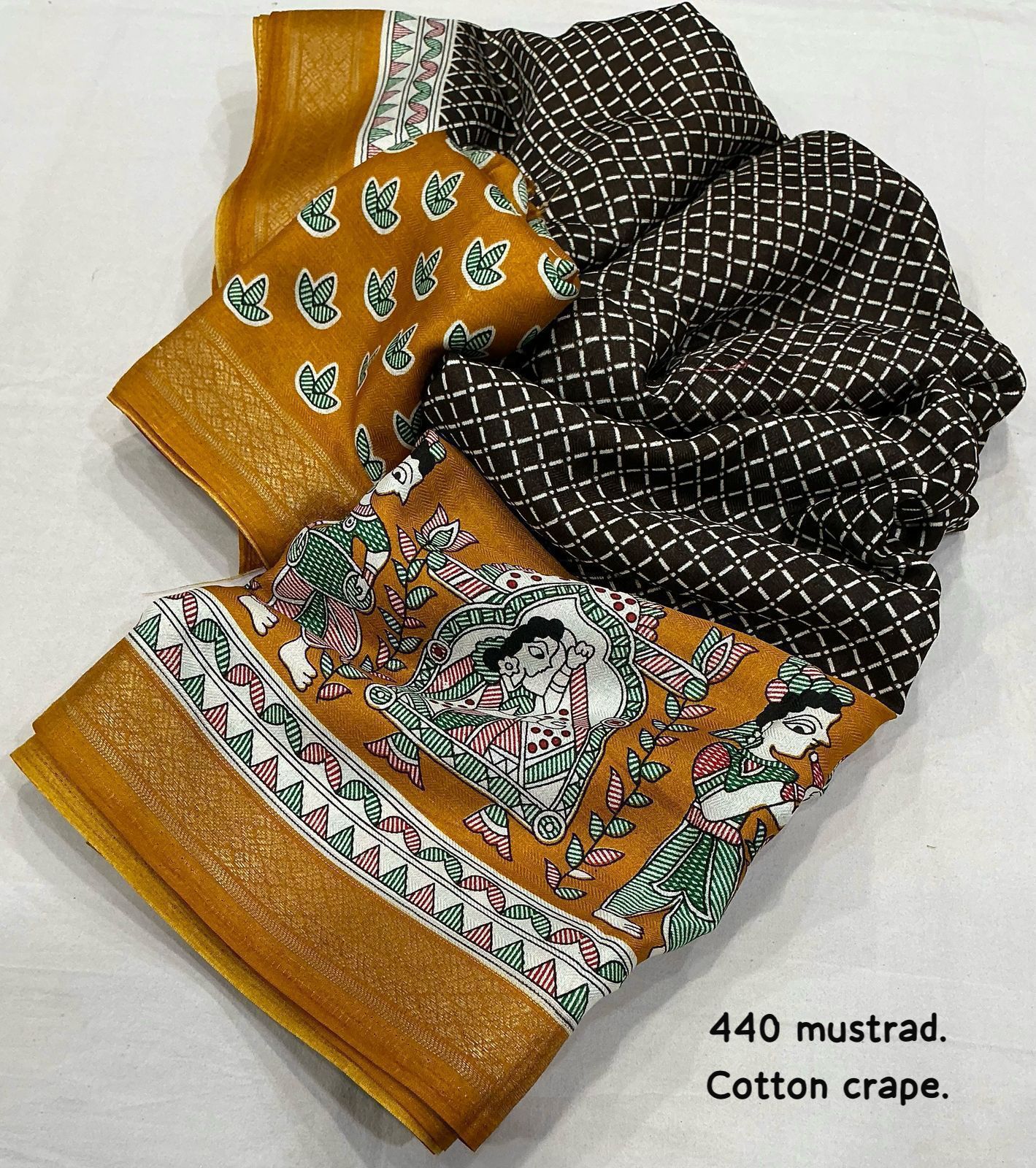 Cotton Crape Pashmina Printed Saree – Yellow & Brown | Soft Cotton Crape with Zari Pattu Border & Running Printed Blouse | Best Seller