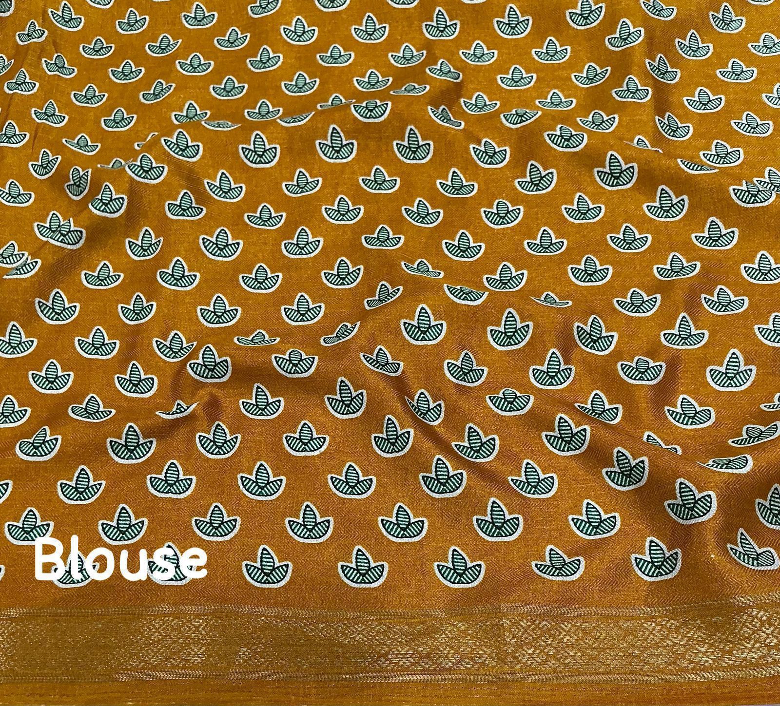 Cotton Crape Pashmina Printed Saree – Yellow & Brown | Soft Cotton Crape with Zari Pattu Border & Running Printed Blouse | Best Seller