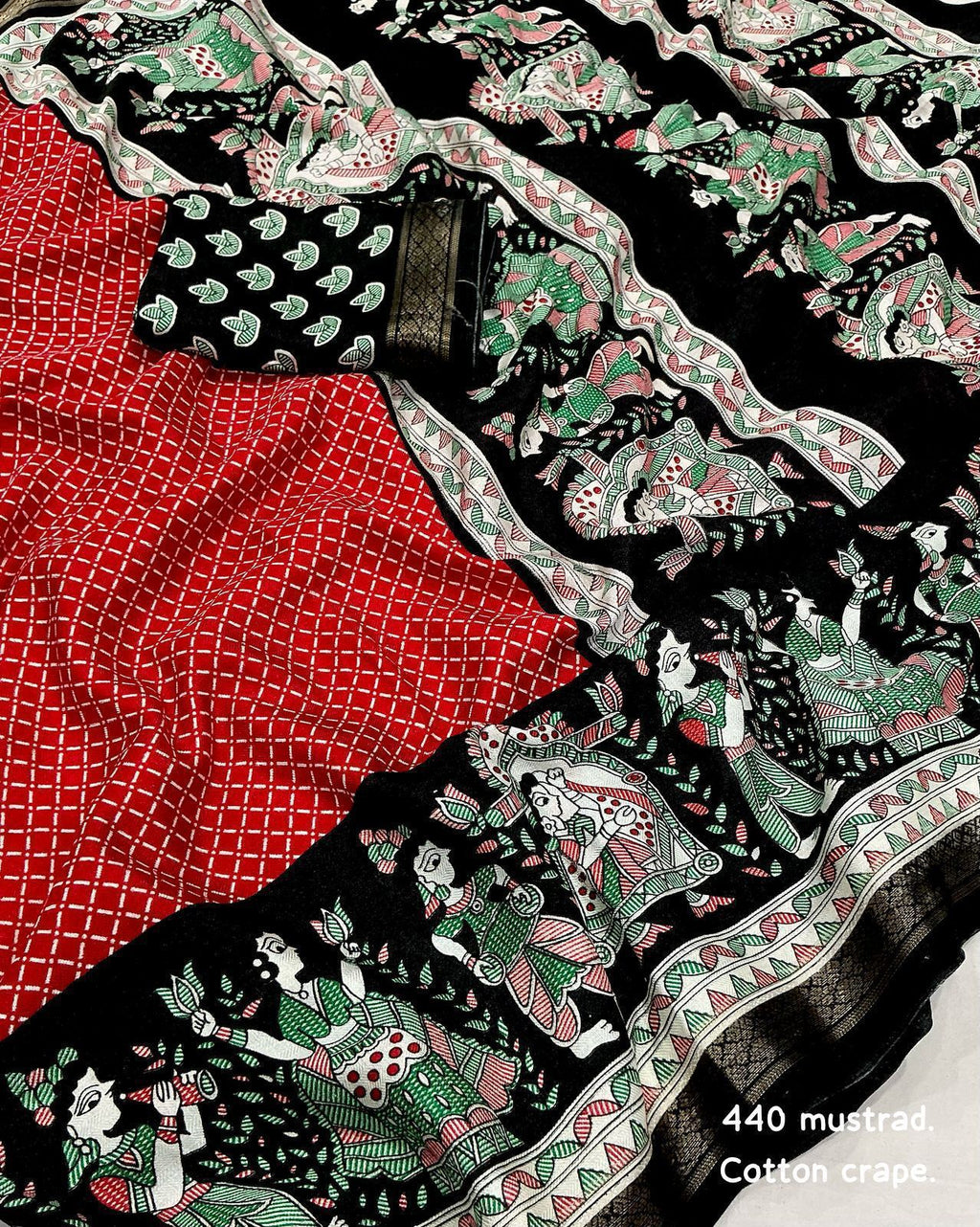 Cotton Crape Pashmina Printed Saree – Red & Black | Soft Cotton Crape with Zari Pattu Border & Running Printed Blouse | Best Seller