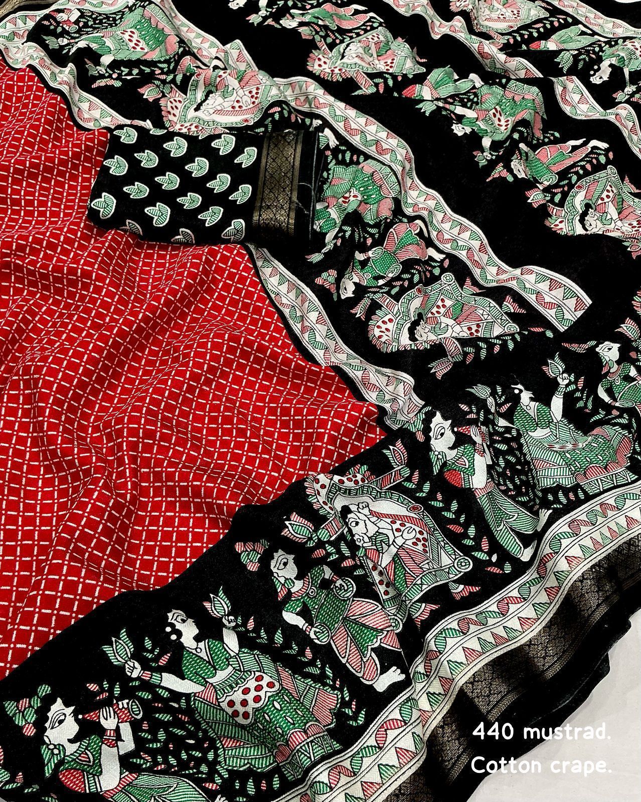 Cotton Crape Pashmina Printed Saree – Red & Black | Soft Cotton Crape with Zari Pattu Border & Running Printed Blouse | Best Seller