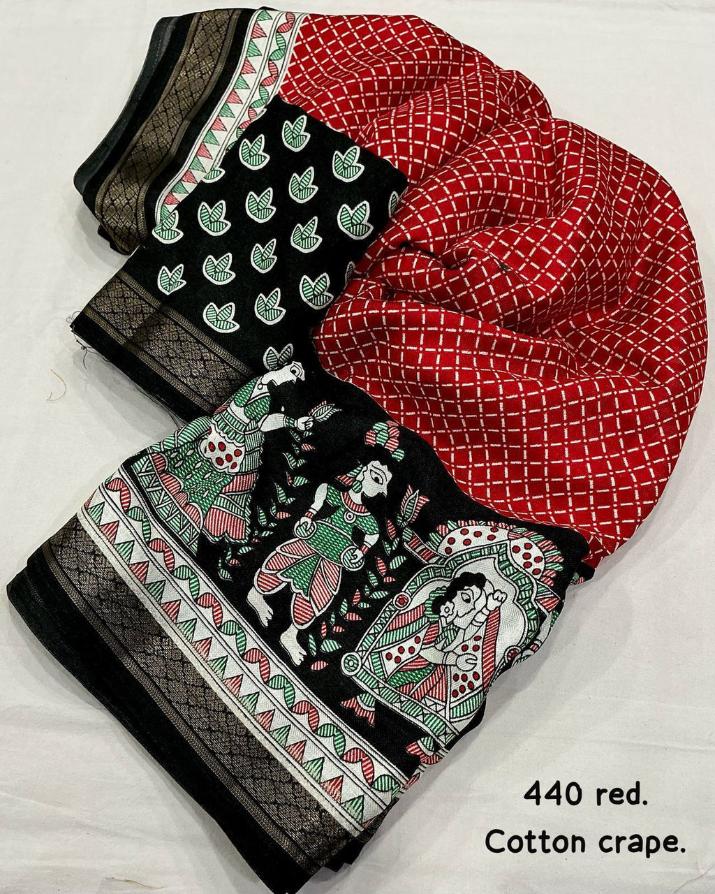 Cotton Crape Pashmina Printed Saree – Red & Black | Soft Cotton Crape with Zari Pattu Border & Running Printed Blouse | Best Seller